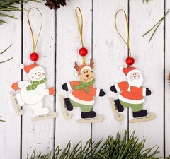 !09 Подвеска новогодняя (набор 6 штук) «Весёлые катания»:дизайн "Дед Мороз" 2 штуки + дизайн "Снеговик" 2 штуки + дизайн "Собака" 2 штуки