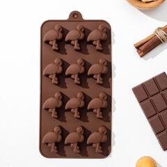 !09 Форма силиконовая для льда и кондитерских украшений «Фламинго», 20×10,5 см, 12 ячеек (3,5×2,6×1,5 см), цвет шоколадный