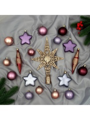 !09 Набор украшений пластик с верхушкой 43 шт "Глория 1" (32 шара, 4 сосульки, 6 звёзд)