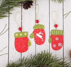 !09 Подвеска новогодняя (набор 6 штук) «Варежка»:дизайн "Елочка" 3 штуки + дизайн "Олень" 3 штуки