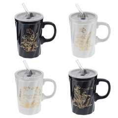 Кружка с крышкой и трубочкой, 380 мл, L12 W8,5 H16 см, 4в.