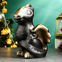 !Копилка "Дракон Тоша" черная в золоте, 20см