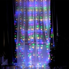 !09 Гирлянда «Занавес» 2.8 × 3 м роса на крючках, с пультом, IP20, серебристая нить, 300 LED, свечение мульти, 8 режимов, USB