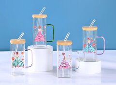 Кружка с крышкой и трубочкой, L5,8 W5,8 H13,5 см, дизайн микс