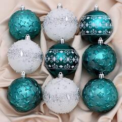 !09 Набор украшений пластик (набор 9 штук) «Джейн - узоры звёзды», d=8 см, цвет зелёно-белый