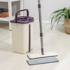 !Швабра с отжимом и ведро: ведро с отсеками для полоскания и отжима 10 л, швабра плоская, запасная насадка из микрофибры