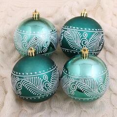 !09 Набор елочных шаров пластик (набор 6 штук) «Снежные перья», d=8 см, цвет зелёный