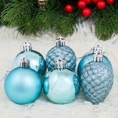 !Набор украшений пластик 8 шт "Небесный" (4 шара d-5 см, 4 шишки) голубой