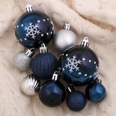 !Набор шаров пластик d-3 см, d-4 см, d-6 см, 34 шт "Ночные снежинки" серебристо-синий