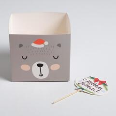 !Коробка для цветов с топперами 5 штук «Мишка», 10 х 10 х 12 см