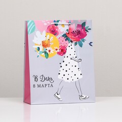 !09 Пакет подарочный (набор 3 штуки) "В день 8 Марта", 26 х 32 х 12 см.