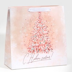 !09 Пакет (набор 2 штуки) подарочный новогодний ламинированный квадратный «Pink», 30 х 30 х 12 см.