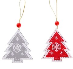 !09 Набор новогодних подвесок (набор 6 штук) «Зимняя ель» золотая нить, односторонняя: 3 красных + 3 серых 0,5 х 7,5 х 10 см.