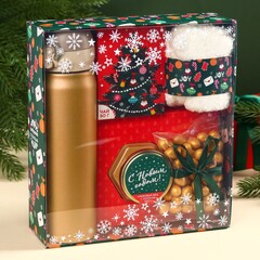 !09 Набор «Веселья в новом году»: чай со вкусом лесных ягод 50 г., крем-мед хлопковый 120 г., арахис в шоколадной глазури, 100 г., носки р-р: 36–39, термос 500 мл.