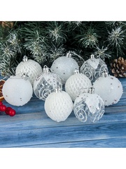 !09 Набор елочных игрушек - Ёлочные игрушки «Снежная изморозь», шары пластиковые, d=6 см, набор 9 шт., белый