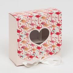 !09 Подарочная коробка (набор 4 штуки) сборная с окном "Фламинго на белом" 11,5 х 11,5 х 5 см.