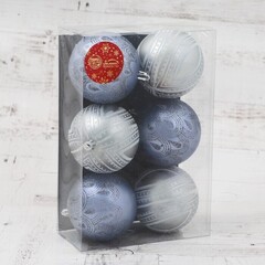 !09 Набор елочных шаров (набор 6 штук) "Загадочный узор", d=8 см, цвет серебристый/голубой