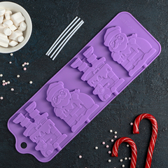 !09 Форма для леденцов новогодняя «Дед Мороз», силикон, 36×12 см, 4 ячейки (10,2×7,5 см), с палочками, цвет МИКС