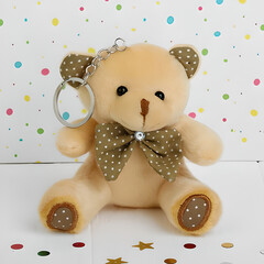 !09 Плюшевый игрушка-брелок «Мишка», бант в горошек, 10 см. цвет светлый беж