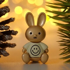 !Брошь новогодняя "Зайчик" в футболке со смайликом, цвет белый в матовом золоте