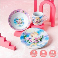 !09 !Набор детской посуды из керамики «Ангелок», 3 предмета: кружка 230 мл, миска 400 мл, тарелка d=18 см