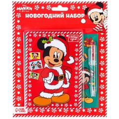 !09 Комплект из 3-х наборов-Подарочный набор канцелярии «С новым годом», блокнот А6, ручка, наклейки, Микки Маус