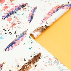 !Бумага упаковочная 2 листа глянцевая, двусторонняя "Перья", рисунок, 100 х 70 см
