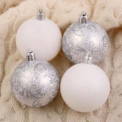!09 Набор елочных игрушек - Набор шаров пластик d-6 см, 9 шт "Морозные узоры" белый, серебро