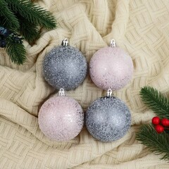 !09 Набор елочных шаров (набор 4 штуки) "Мюриель" посыпка пластик d-8 см. цвет розовый синий