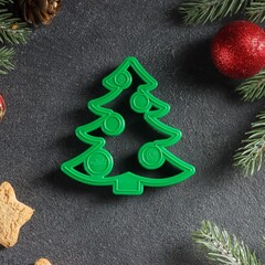 !09 Форма для печенья новогодняя «Ёлочка», вырубка, штамп, 8.5×8 см, пластик, зелёная