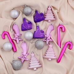 !09 Набор украшений пластик 18 шт "Вечер чуда" (6 шаров, 3 леденца, 3 ёлки, 3 звезды, 3 дома)цвет серебристый/сиреневый