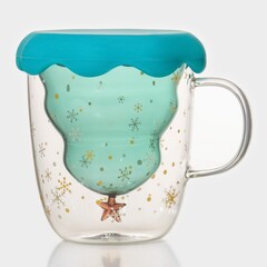 !09 Кружка стеклянная с двойными стенками и крышкой «Ёлочка», 250 мл