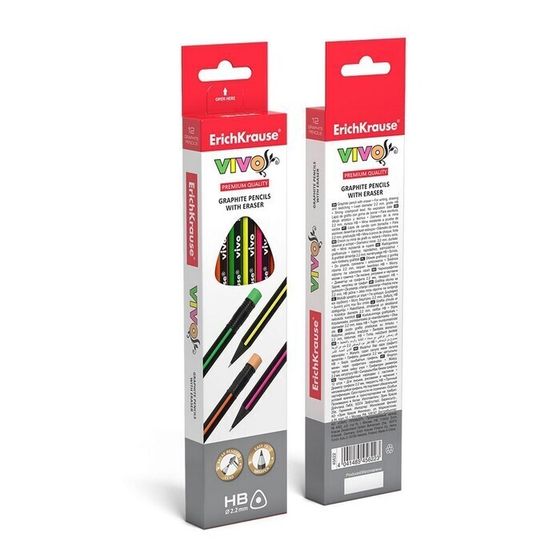 !09 Карандаш чернографитный (набор 6 штук) НВ, 2.2 мм, ErichKrause VIVO, трёхгранный, с ластиком, из отборной древесины, микс