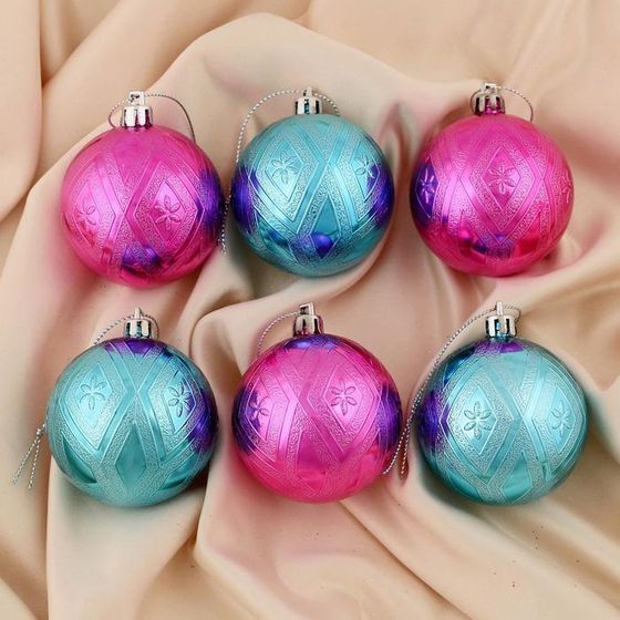 !09 Набор елочных игрушек - Ёлочные игрушки «Цветение», шары новогодние, d=6 см, набор 6 шт., розовый голубой