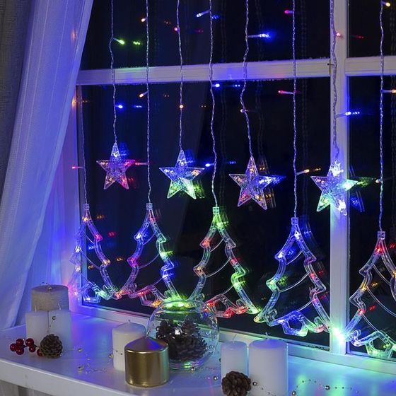 УЦЕНКА Гирлянда «Бахрома», 2.4×0.9 м, с насадками в виде ёлок, IP20, 138 LED, 220 В, 8 режимов, прозрачная нить, свечение мульти