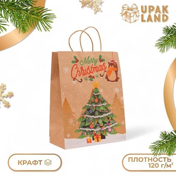 Пакет бумажный подарочный новогодний крафт &quot;Ёлка&quot;, 33 × 26 × 12 см.