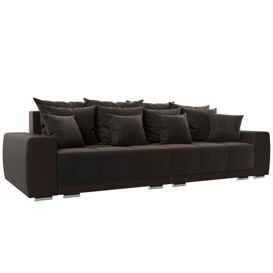 Прямой диван «Лига 028», еврокнижка, НПБ, велюр / экокожа, цвет коричневый / коричневый