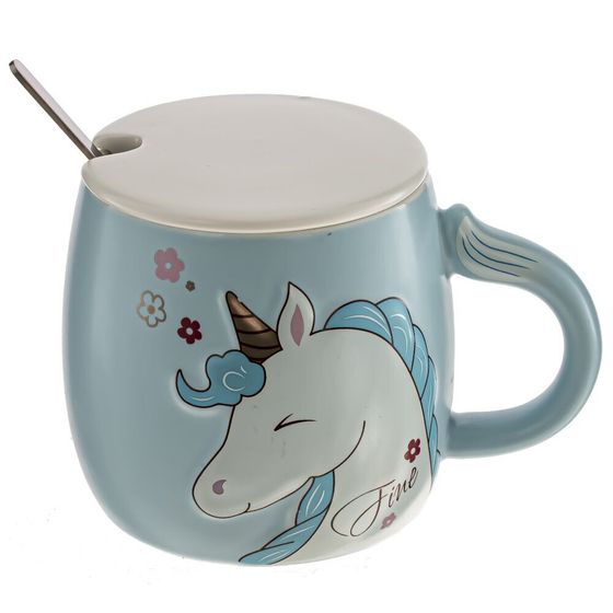 Кружка с крышкой и ложкой, 430 мл, L8,5 W8,5 H9 см, дизайн микс