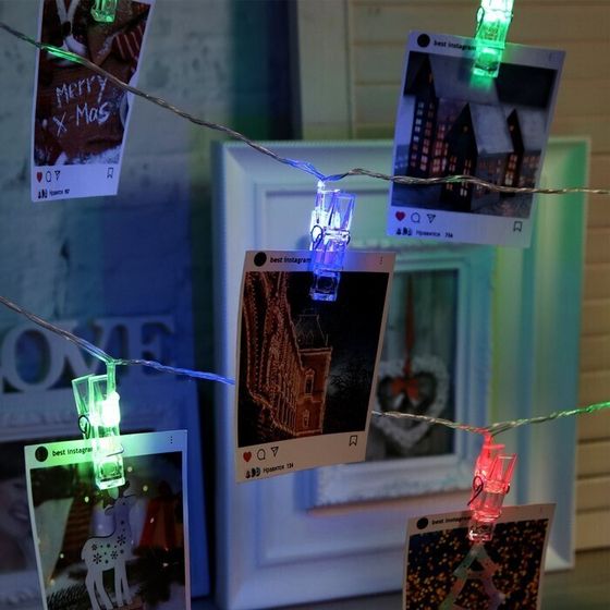 !09 Гирлянда «Нить» 5 м с насадками «Прищепки», IP20, прозрачная нить, 20 LED, свечение мульти (RG/RB), мигание, 220 В