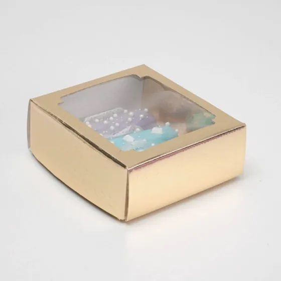 !09 НАБОР 5 ШТУК - Коробка сборная, крышка-дно, с окном, золотая, 14,5 х 14,5 х 6 см.