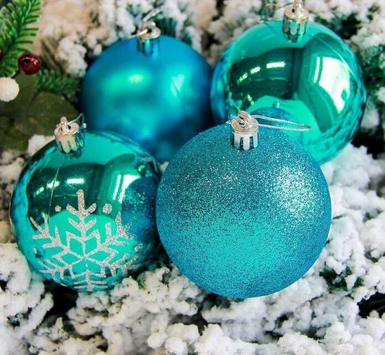 !09 Набор елочных шаров (набор 6 штук) &quot;Снежинка ассорти&quot; пластик d-8 см. цвет голубой микс