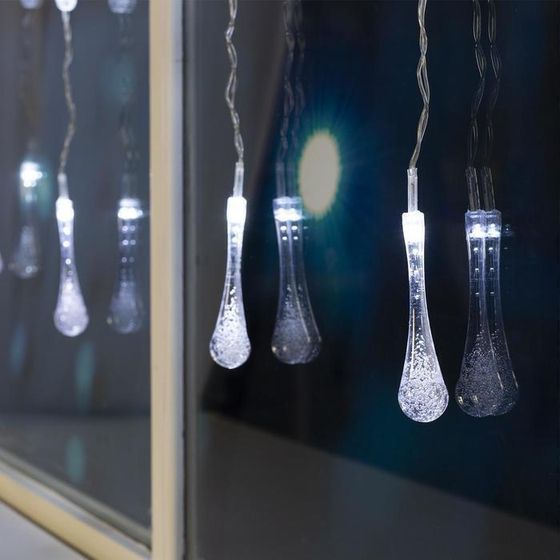 !09 Гирлянда «Занавес» 2.5 x 0.65 м с насадками «Капли», IP20, прозрачная нить, 50 LED, свечение белое, 8 режимов, 220 В