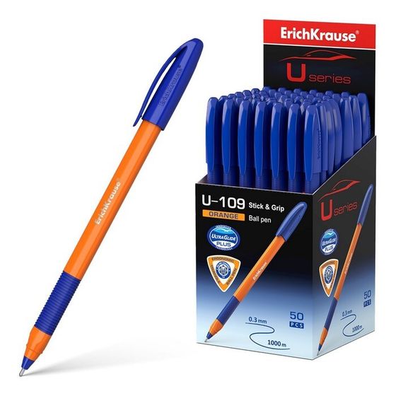 Ручка шариковая ErichKrause U-109 Orange Stick&amp;Grip, игольчатый узел 1.0 мм, чернила синие, резиновый держатель, супермягкое письмо