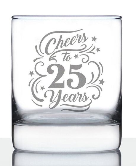 Cheers to 25 Years 25th Anniversary Gifts Whiskey Rocks Glass, 10 oz