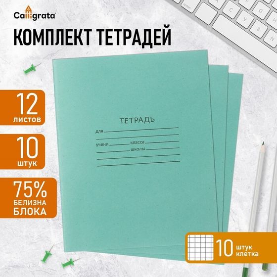 Комплект тетрадей из 10 штук, 12 листов в клетку КПК &quot;Зелёная обложка&quot;, блок №2, белизна 75% (серые листы)