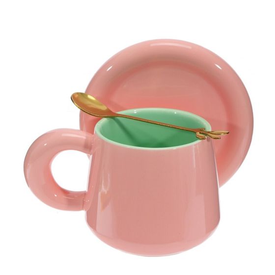 Кружка с блюдцем и ложкой, 300 мл, L16 W13 H10 см, цвет микс