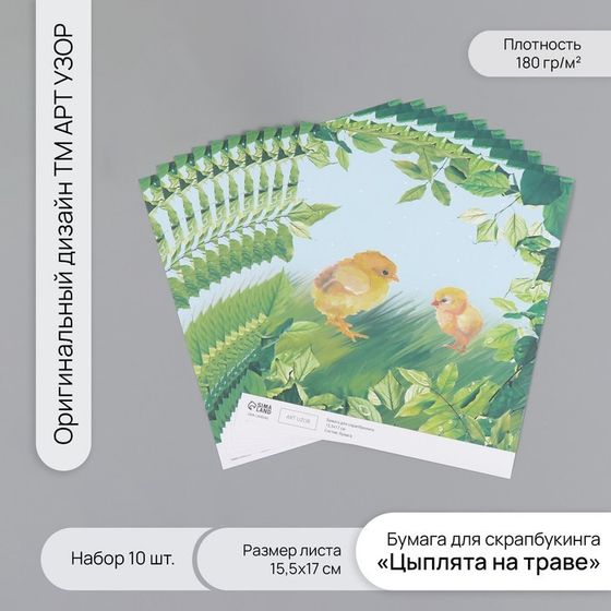 Бумага для скрапбукинга &quot;Цыплята на траве&quot; плотность 180 гр набор 10 шт 15,5х17 см