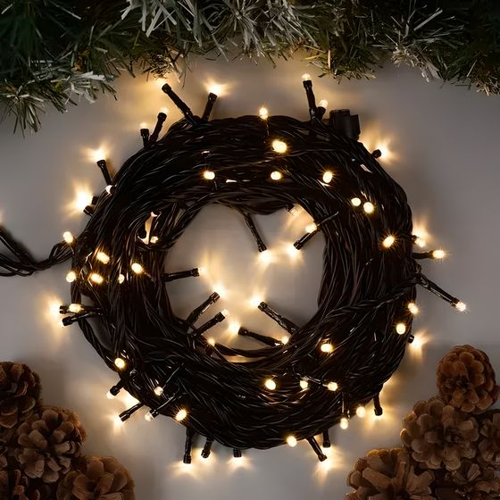 !Гирлянда «Нить» 10 м, IP44, УМС, тёмная нить, 100 LED, свечение тёплое белое, 220 В
