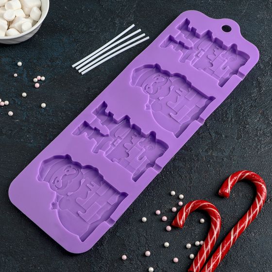 !09 Форма для леденцов новогодняя «Дед Мороз», силикон, 36×12 см, 4 ячейки (10,2×7,5 см), с палочками, цвет МИКС