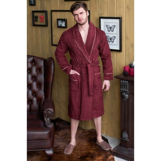 Халат мужской, шалька, размер 62, цвет бордовый, махра